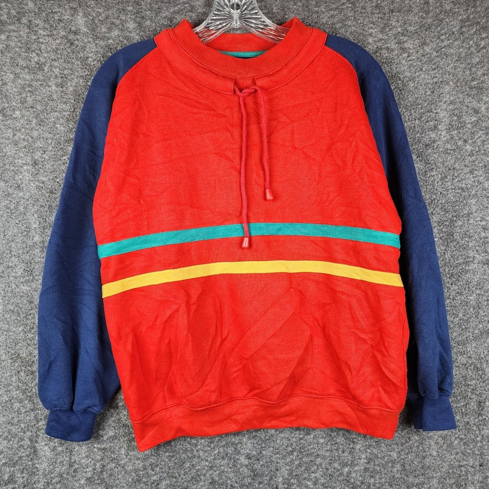 Lavon Sweatshirt Mens XL Red Colorblock Retro 90s Striped Drawstring Neck Raglan